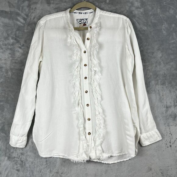 Anthropologie Pilcro Shirt Button Up Ruffled Placket S White Linen  Boho Peasant - Picture 1 of 11